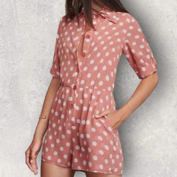 Reformation Pants - Reformation Gilly Pink Polka Dot Button-Down Collared Romper